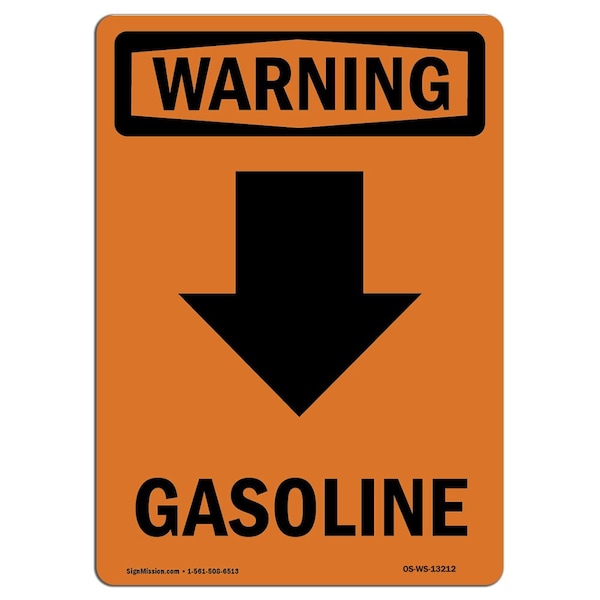 Safety Sign, OSHA WARNING, 5" Height, Gasoline (Down Arrow), Portrait, 10PK